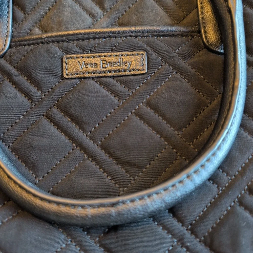 Vera Bradley Black Quilted Microfiber Satchel Handbag with Faux Leather Trim